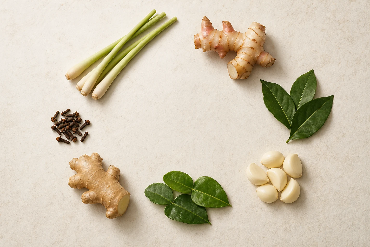 Serai, lengkuas, daun salam, bawang putih, daun jeruk purut, jahe putih, dan cengkeh